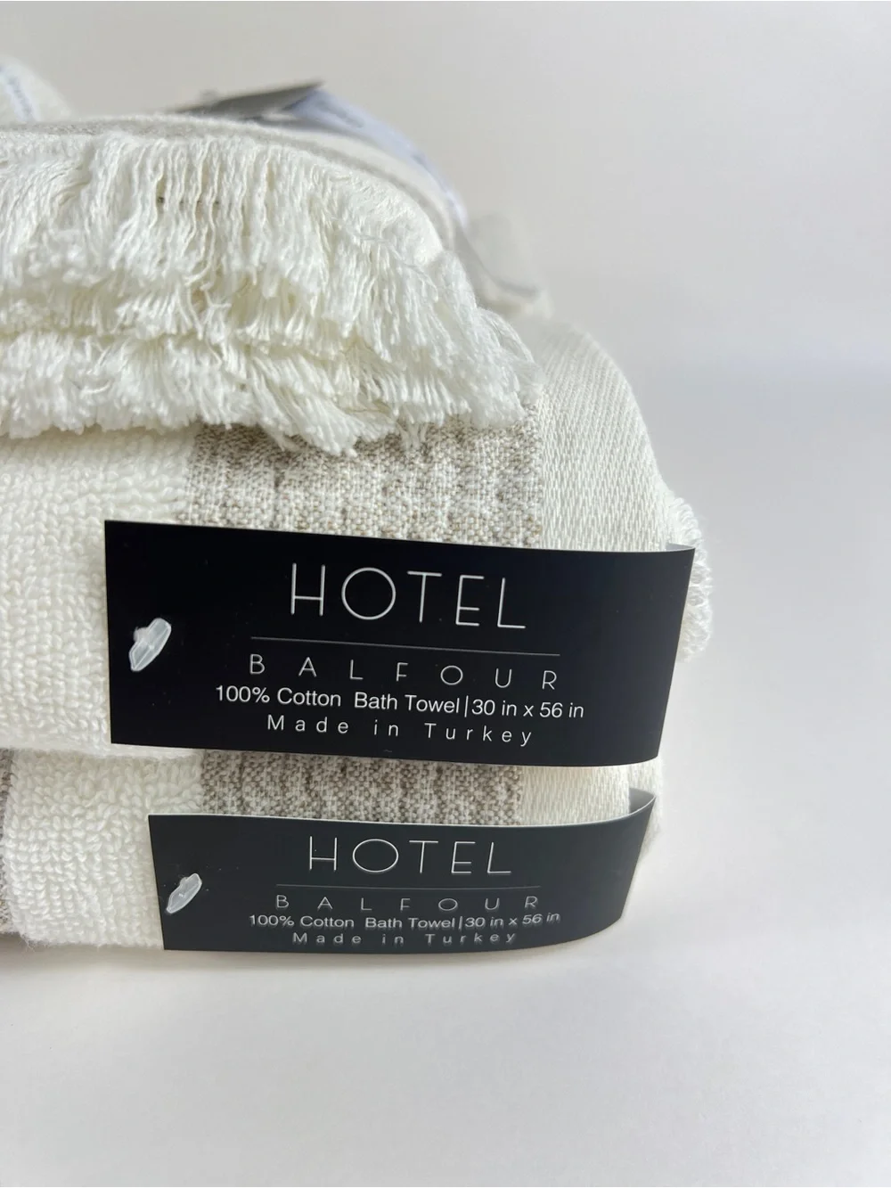 Hotel Balfour BathTowel Set White Tan Stripe Fringe Soft Turkish Cotton 6 Pc NEW